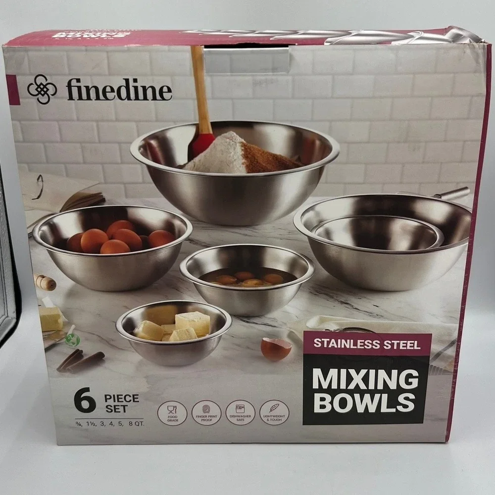 FineDine Mixing Bowls Set 6 Piece Silver Stainless Steel Brand New Nesting Set